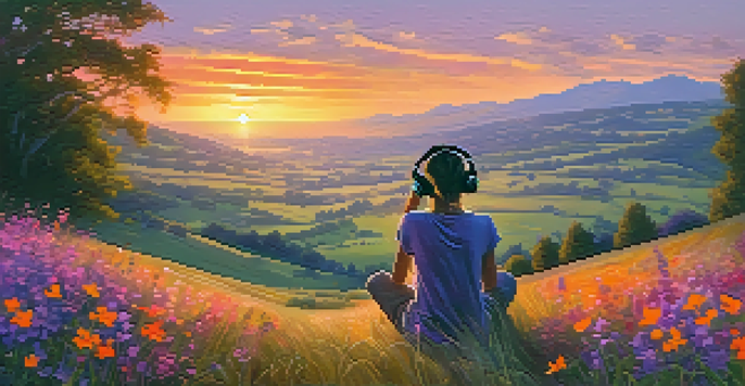 A person sitting on a hilltop with headphones, enjoying music while watching a colorful sunset.