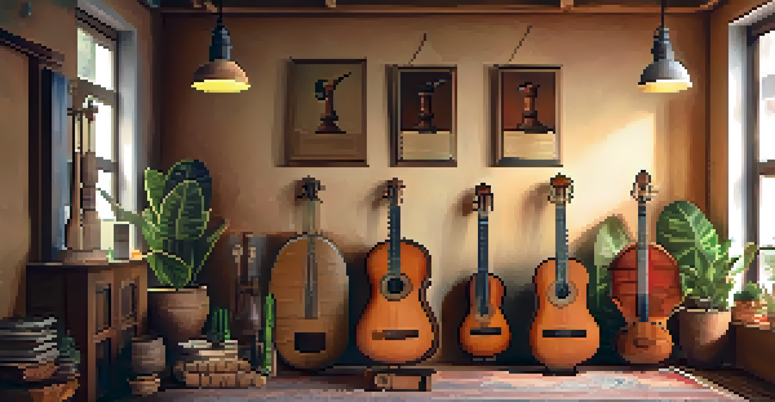 A cozy room showcasing various sizes of balalaikas on the wall, with warm lighting and a potted plant.