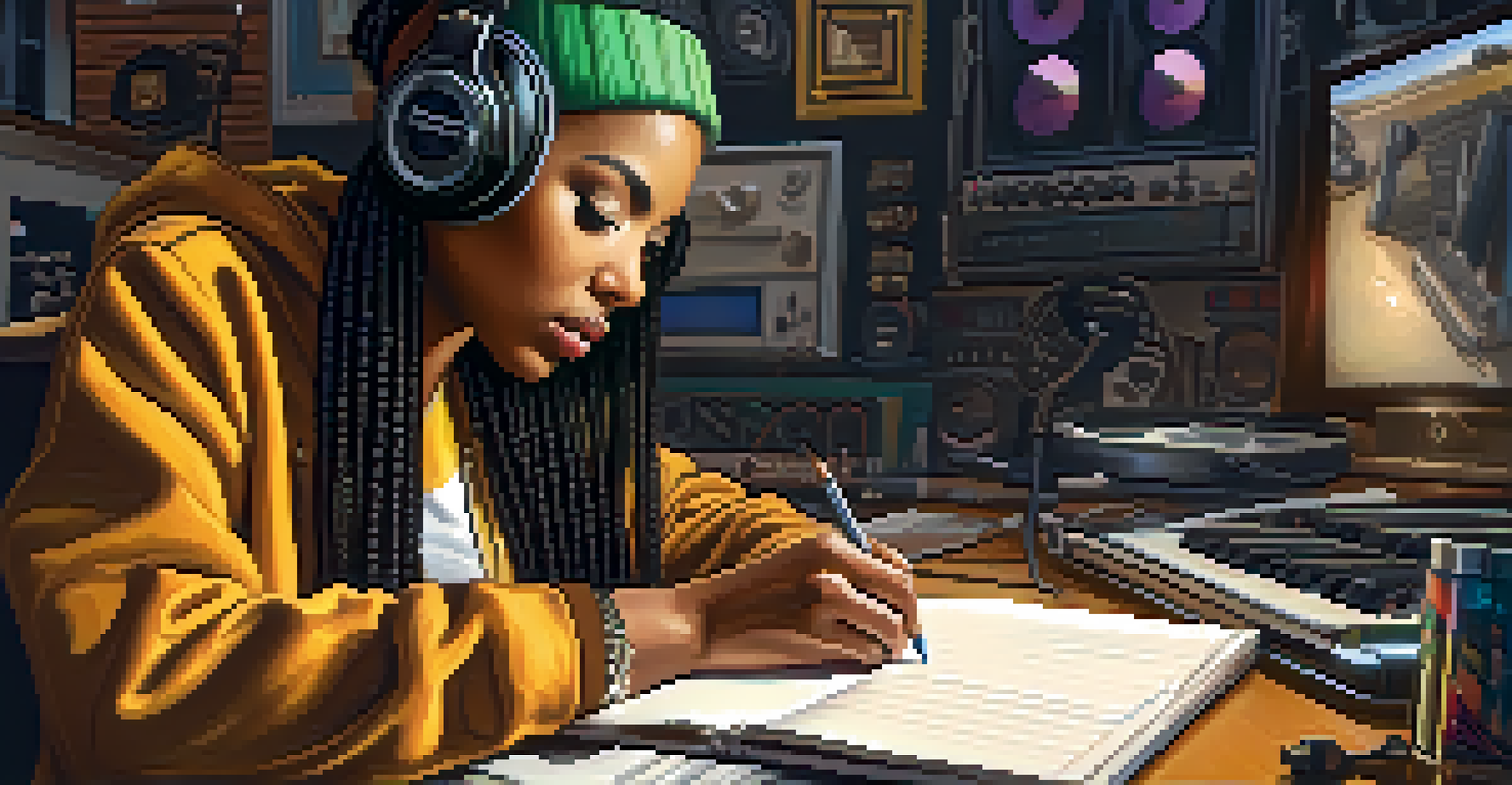 A female hip-hop artist writing lyrics in a studio, surrounded by musical instruments and recording equipment.