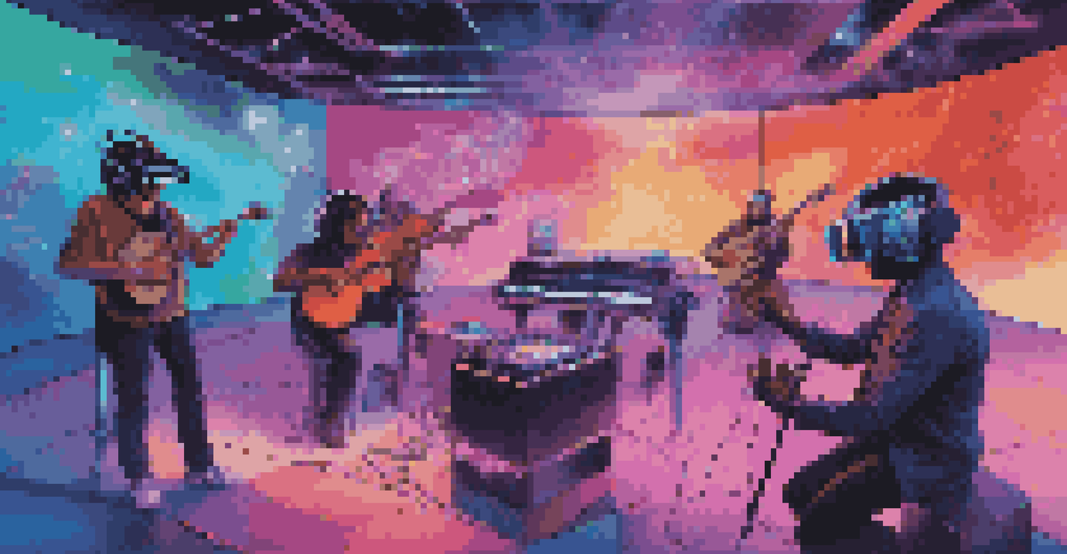 Musicians using virtual reality headsets to collaborate in a digital music creation space, surrounded by glowing instruments.