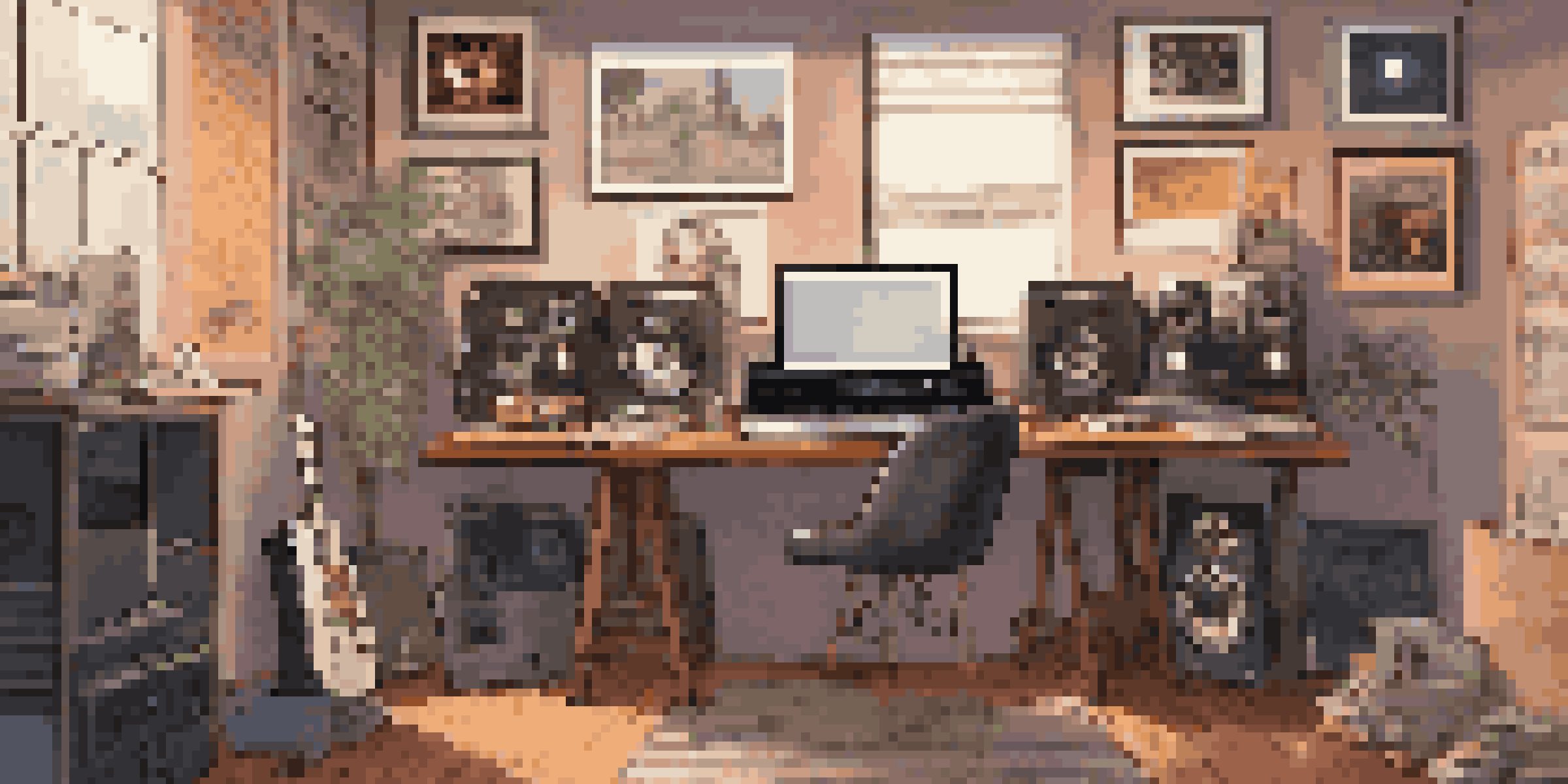 A music supervisor's creative workspace with a desk, laptop, vinyl records, and film posters in soft warm lighting.
