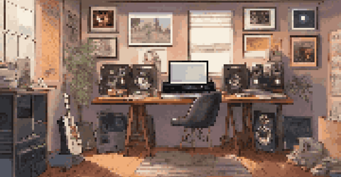 A music supervisor's creative workspace with a desk, laptop, vinyl records, and film posters in soft warm lighting.