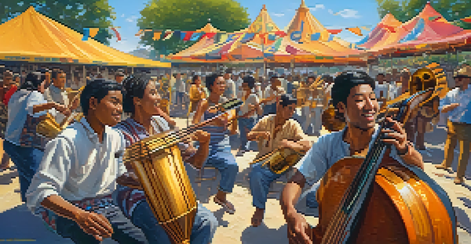 A lively music festival with diverse musicians playing traditional instruments, surrounded by colorful banners and a joyful crowd dancing in the sunlight.