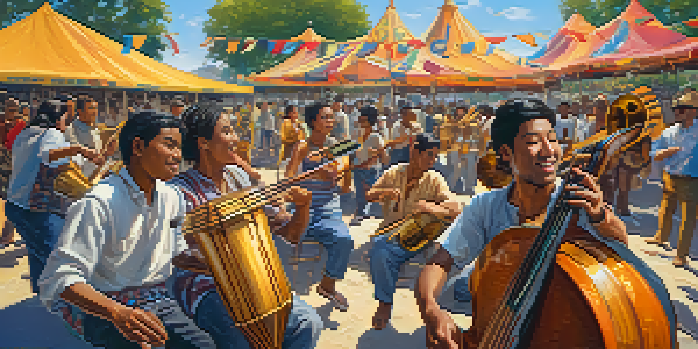 A lively music festival with diverse musicians playing traditional instruments, surrounded by colorful banners and a joyful crowd dancing in the sunlight.