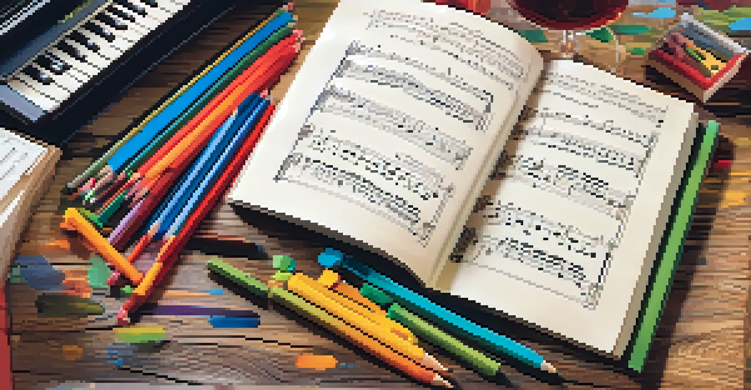 A music theory workbook with colorful diagrams, surrounded by art supplies and a guitar on a wooden table.