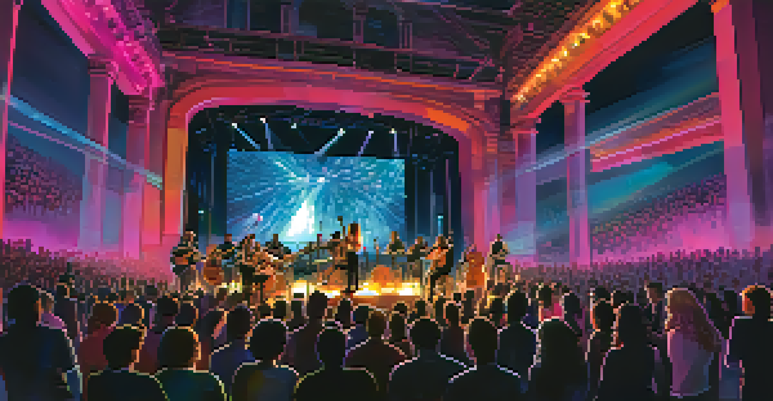 A musician performs at a concert with an AI-generated visual display, captivating the audience with dynamic and colorful visuals.