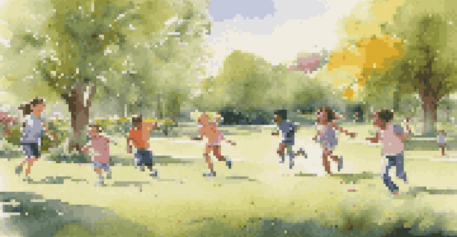 Children playing tag in a park with music in the background, surrounded by greenery and colorful flowers.
