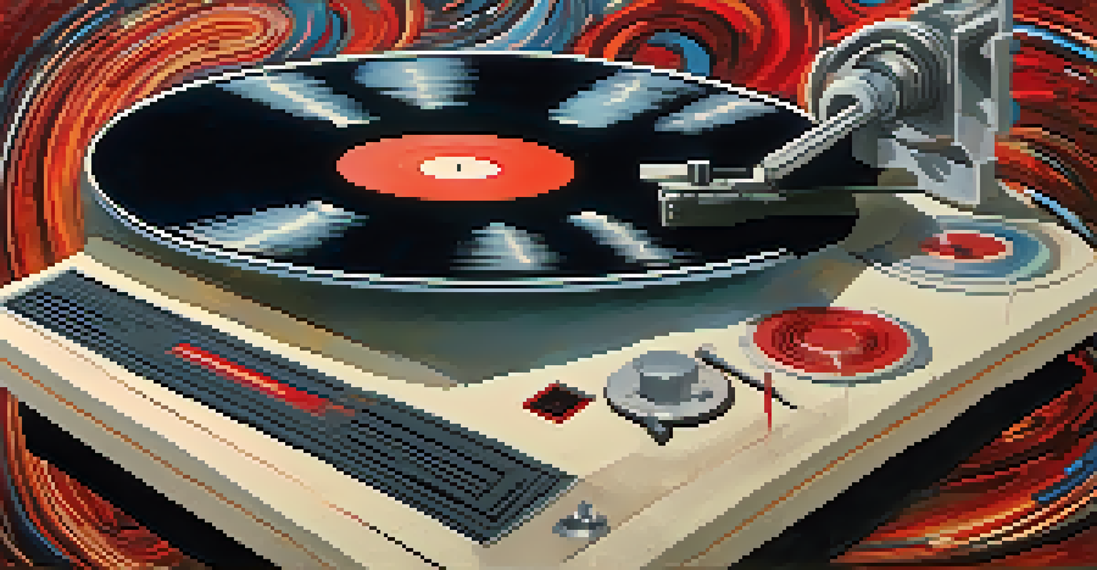 A close-up of a vinyl record on a turntable with musical notes and sound waves in a nostalgic color scheme.
