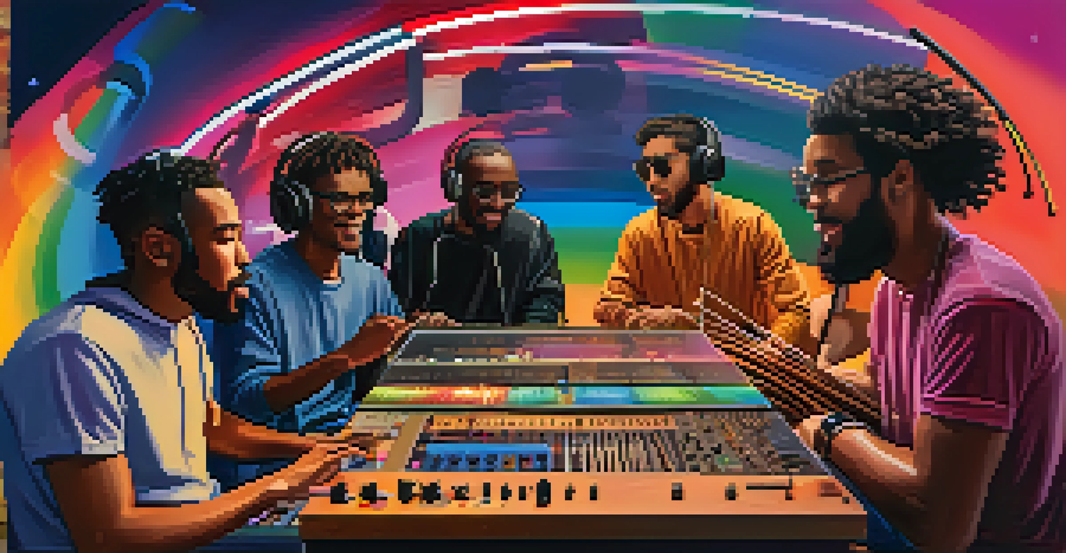 A diverse group of musicians collaborating online via video call, each with their instruments and colorful sound waves visible on the screen.