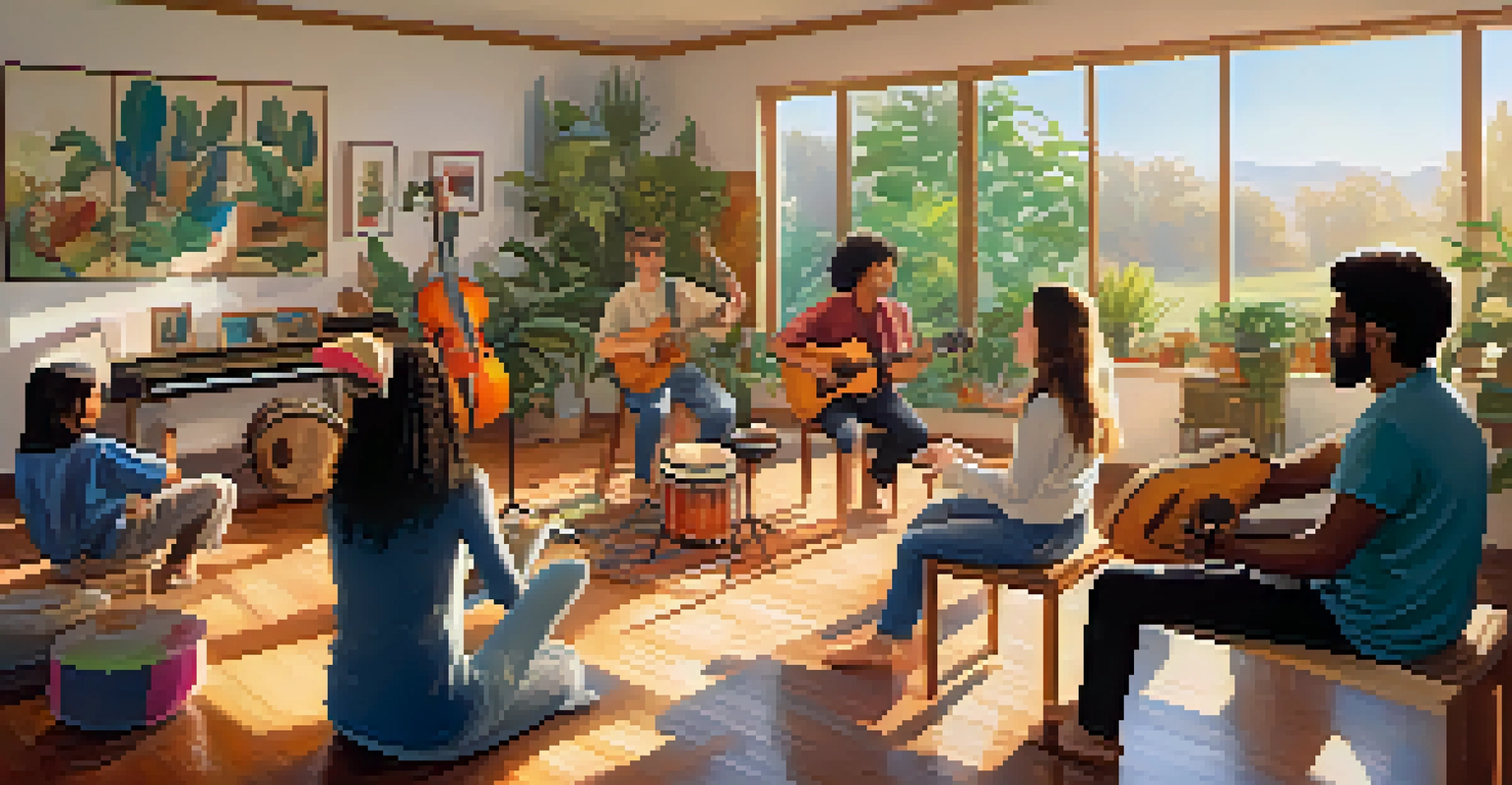 A group of people in a bright room participating in a music therapy session with instruments.