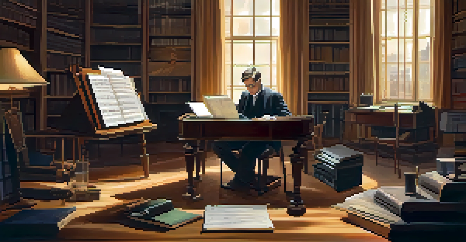 A composer at a desk with musical sheets and a digital tablet, depicting a creative workspace.