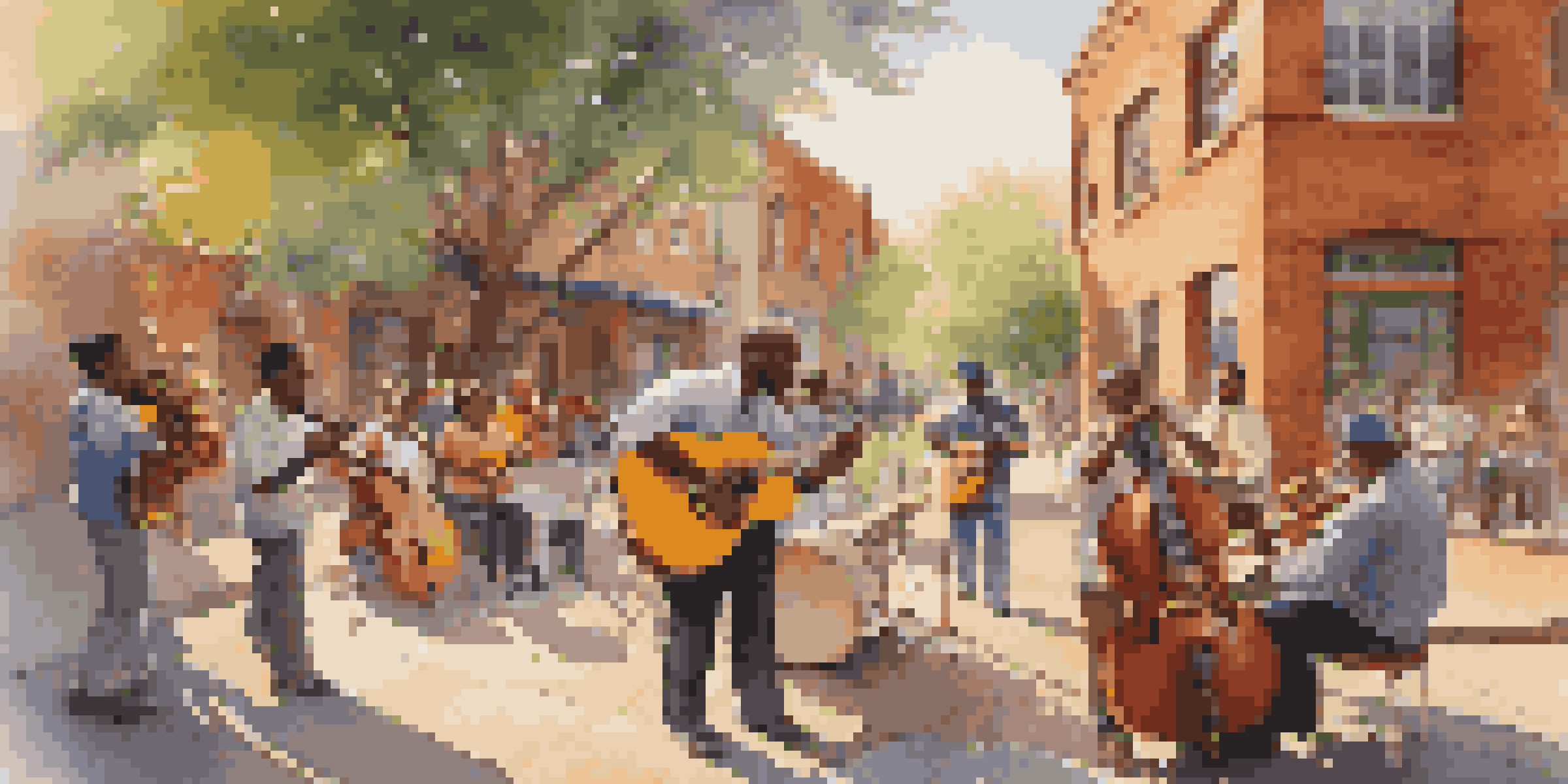A diverse group of musicians performing together on a vibrant street, surrounded by colorful murals and warm sunlight.