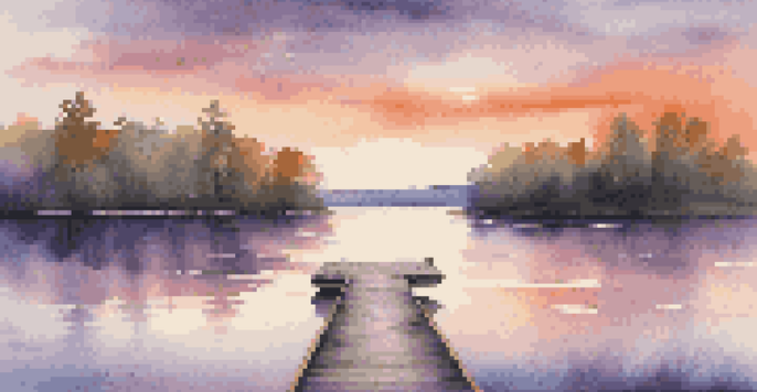 A tranquil lakeside at sunset with a person sitting on a dock, surrounded by colorful sky reflections and lush greenery.