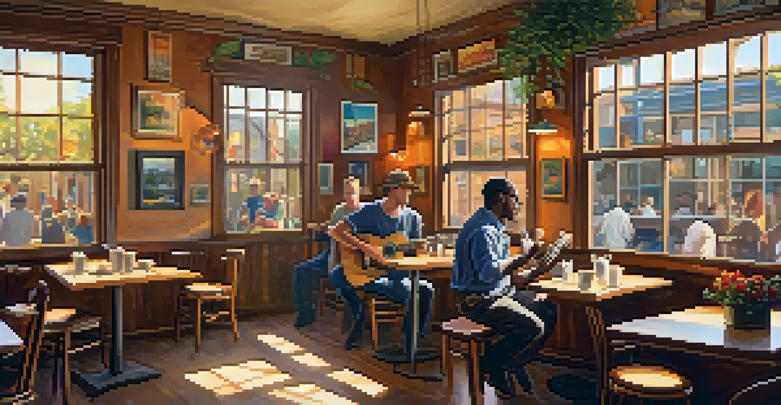 A musician playing an acoustic guitar in a cozy coffee shop filled with warm light and patrons.