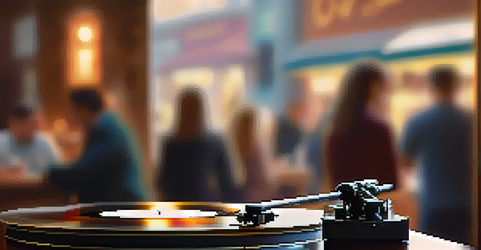 A close-up of a spinning vinyl record on a turntable, with warm lighting and blurred silhouettes of people enjoying music.