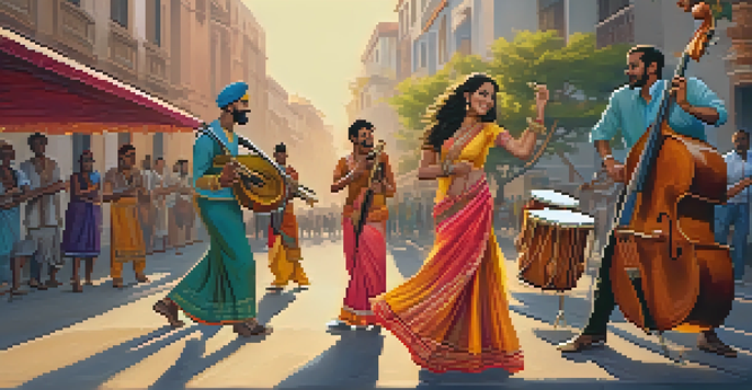 A street scene with musicians from various cultures performing together, including a jazz band with a saxophonist and a drummer, and a traditional Indian sitar player with dancers, all under warm golden hour sunlight.