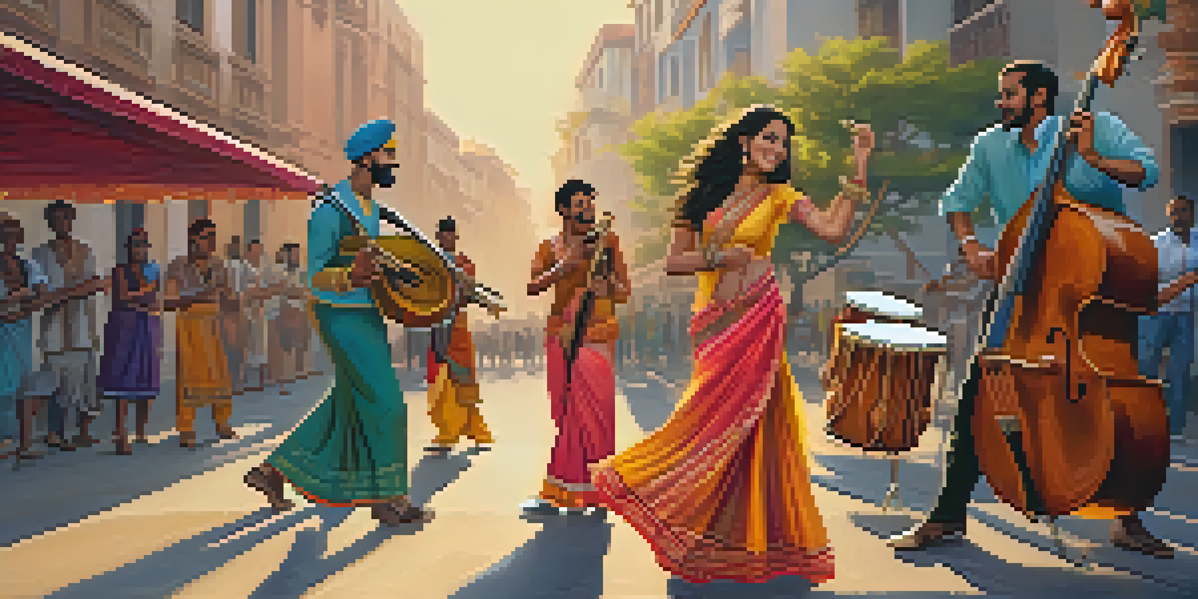 A street scene with musicians from various cultures performing together, including a jazz band with a saxophonist and a drummer, and a traditional Indian sitar player with dancers, all under warm golden hour sunlight.