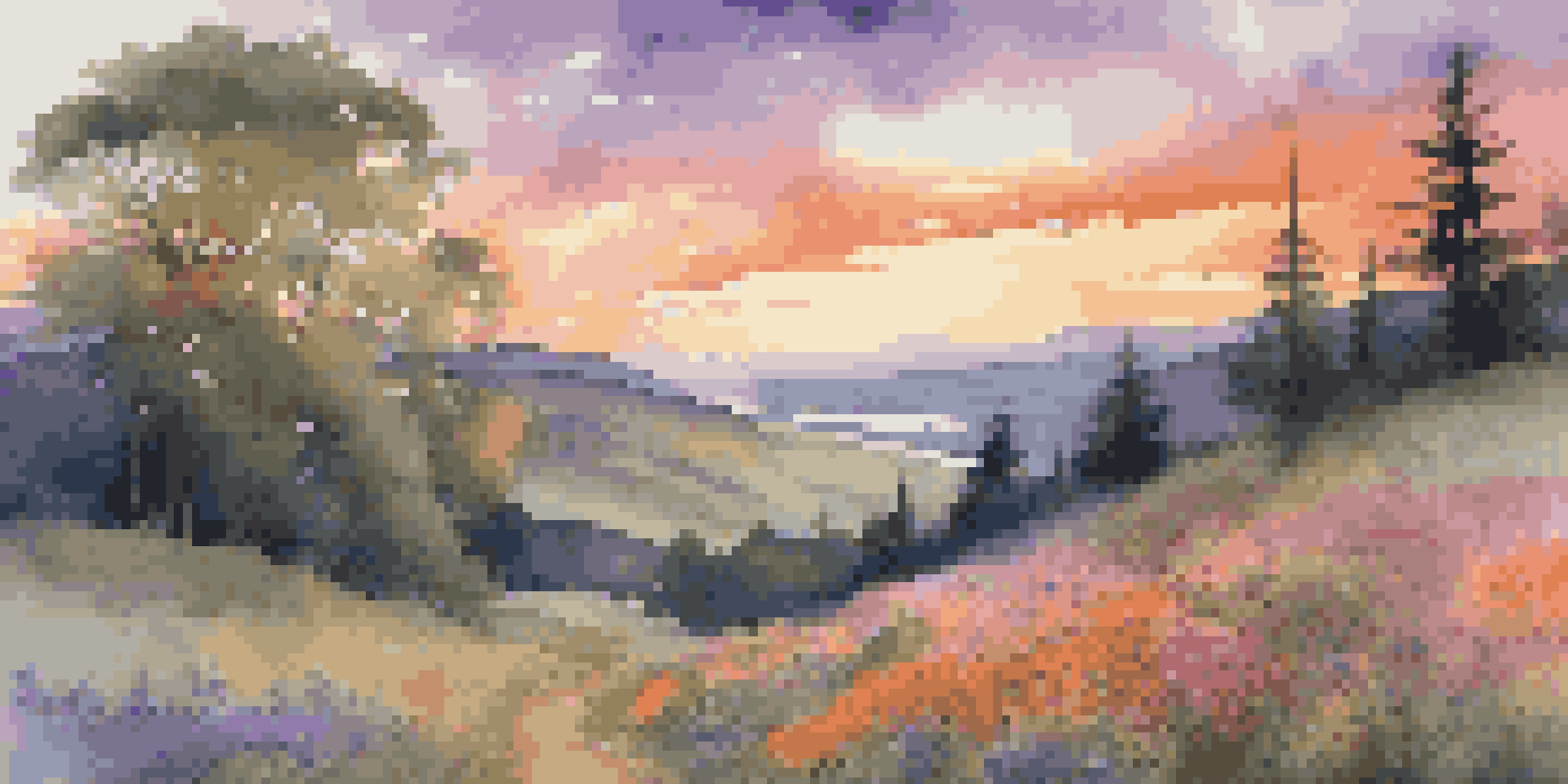 A picturesque landscape showing a rolling hillside at sunset with a river and blooming wildflowers.