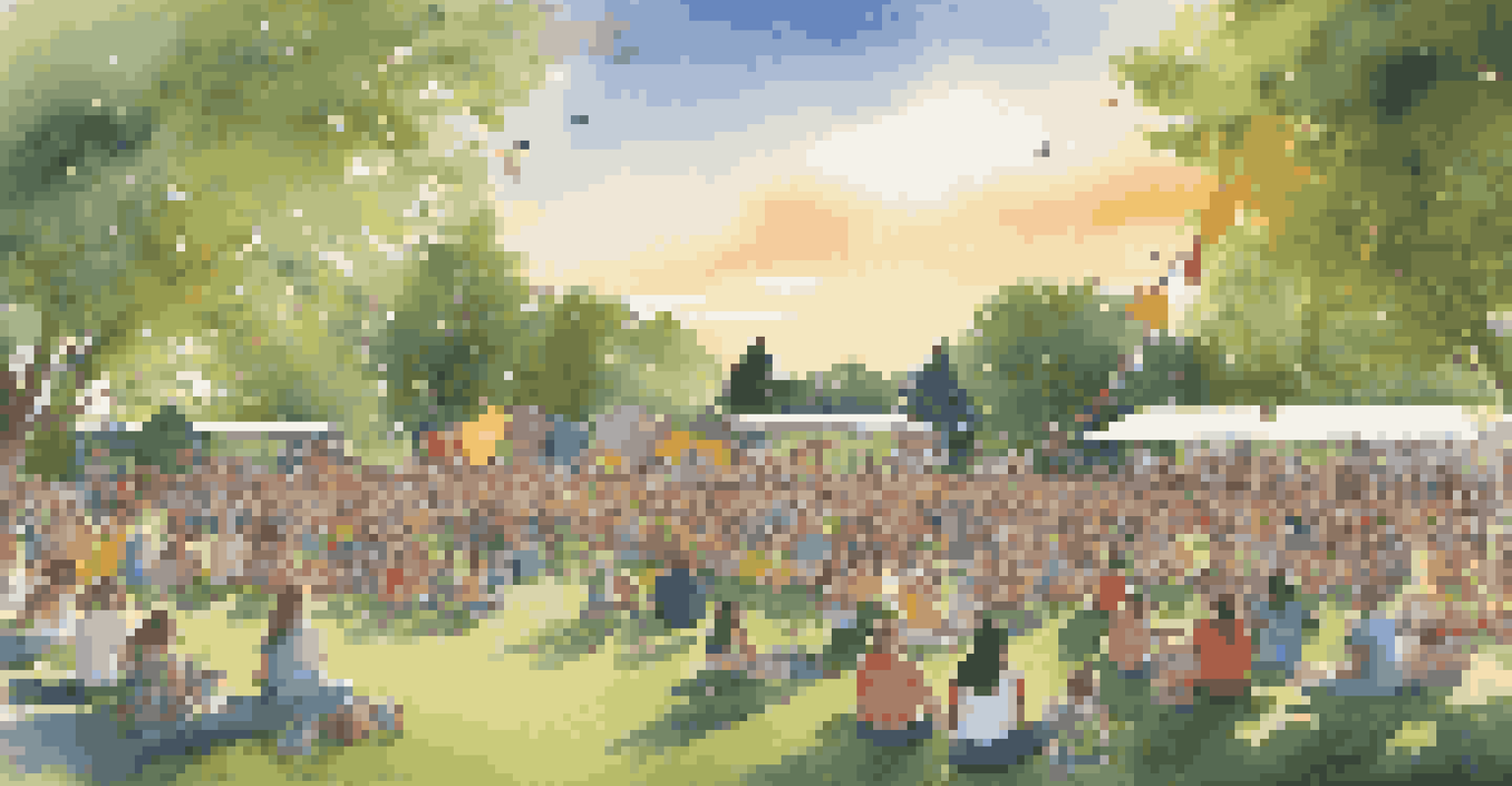 A community event in a park with a local band performing on stage, surrounded by families and children enjoying the music in a festive atmosphere.