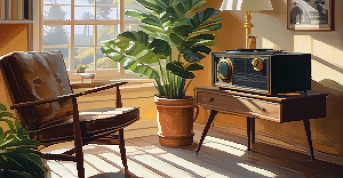 A cozy study corner with an armchair, a wooden desk, an open notebook, and a vintage record player, illuminated by warm sunlight.
