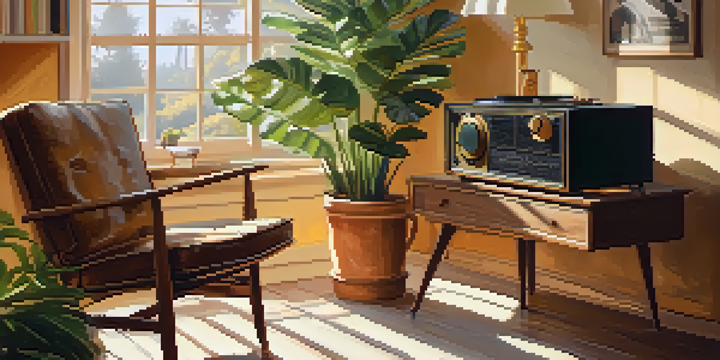 A cozy study corner with an armchair, a wooden desk, an open notebook, and a vintage record player, illuminated by warm sunlight.