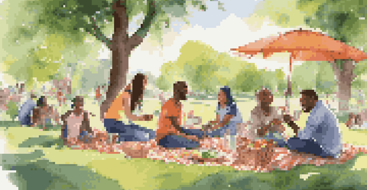 A diverse group of people enjoying a picnic in a park, sharing laughter and music, surrounded by greenery and sunshine.