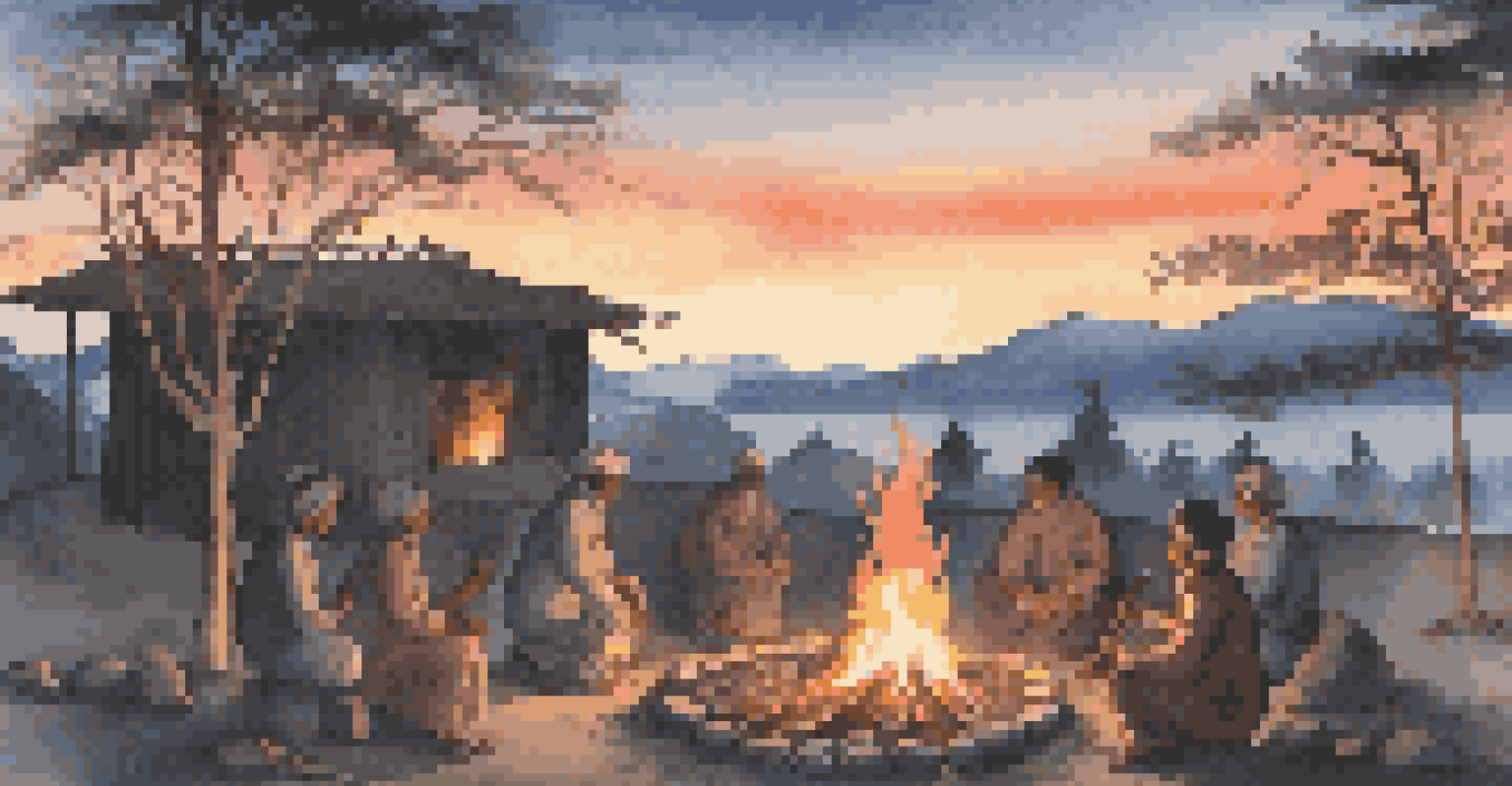 A group performing a traditional music ritual around a fire at dusk in a natural landscape.