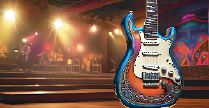 An electric guitar on a wooden stage, under warm lights, with blurred musicians in the background.