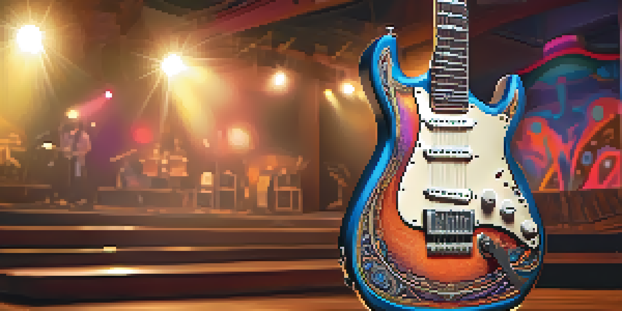 An electric guitar on a wooden stage, under warm lights, with blurred musicians in the background.