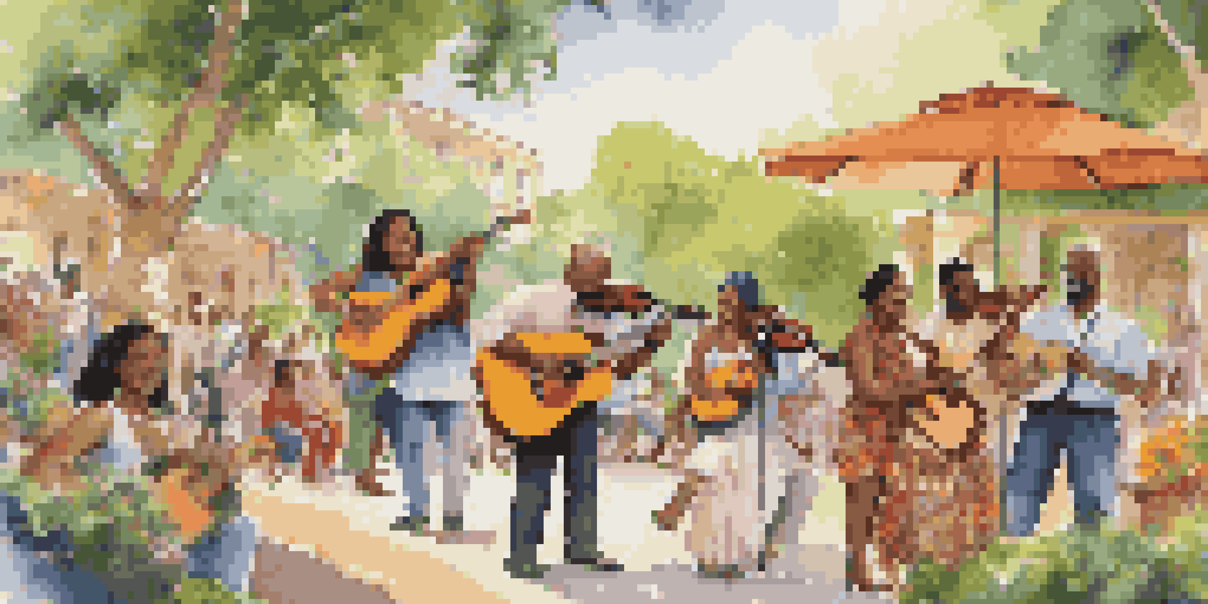 A lively park scene with musicians from different cultures playing together, surrounded by greenery and colorful flowers while an audience dances.