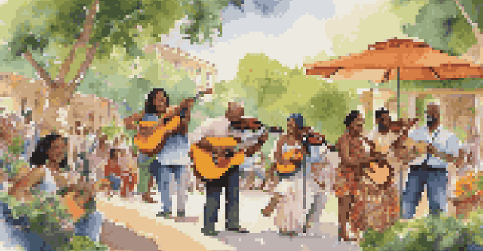 A lively park scene with musicians from different cultures playing together, surrounded by greenery and colorful flowers while an audience dances.