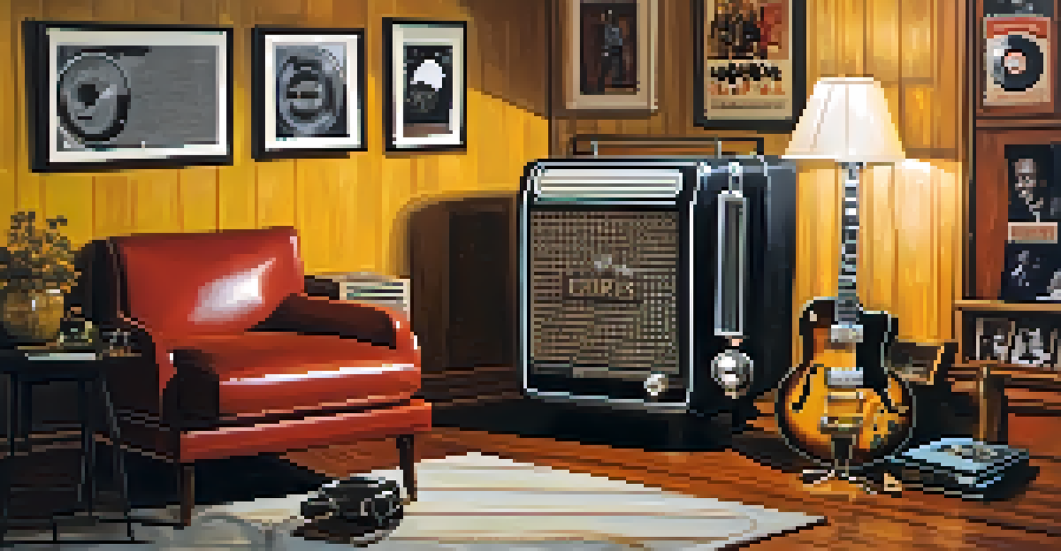 A vintage radio surrounded by vinyl records and photos of 1950s music icons, creating a nostalgic atmosphere.
