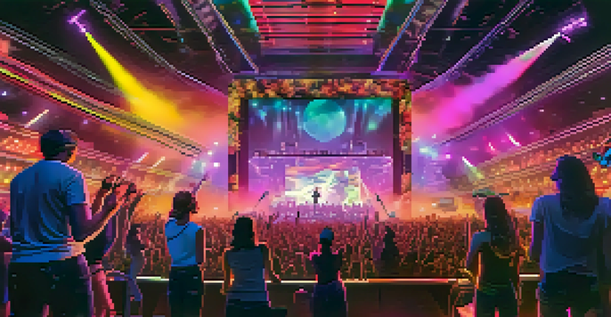 A futuristic concert scene in a virtual environment with a diverse crowd enjoying a live performance, colorful lights, and holographic displays of NFT collectibles.