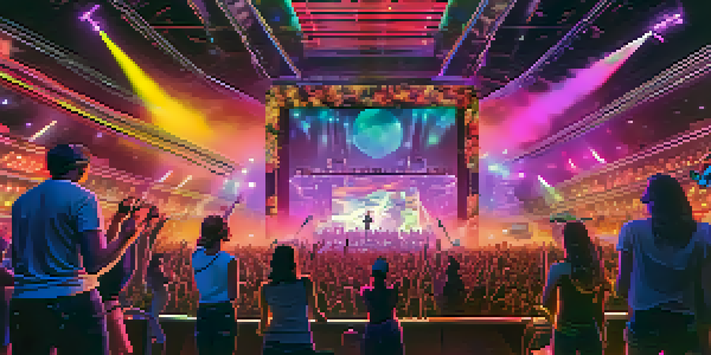 A futuristic concert scene in a virtual environment with a diverse crowd enjoying a live performance, colorful lights, and holographic displays of NFT collectibles.