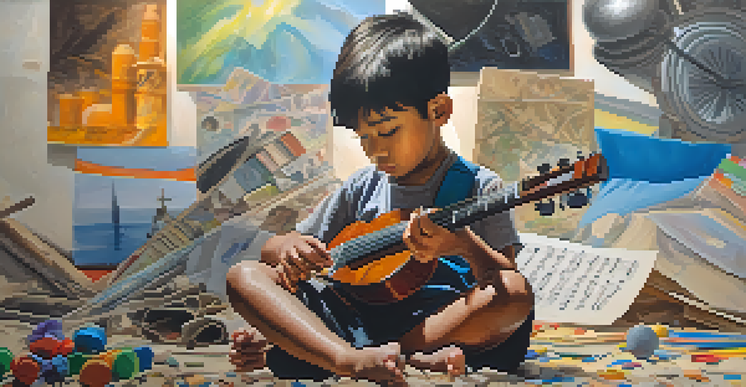 A young child in a conflict zone, sitting with a small musical instrument and surrounded by colorful drawings, reflecting the therapeutic power of music.
