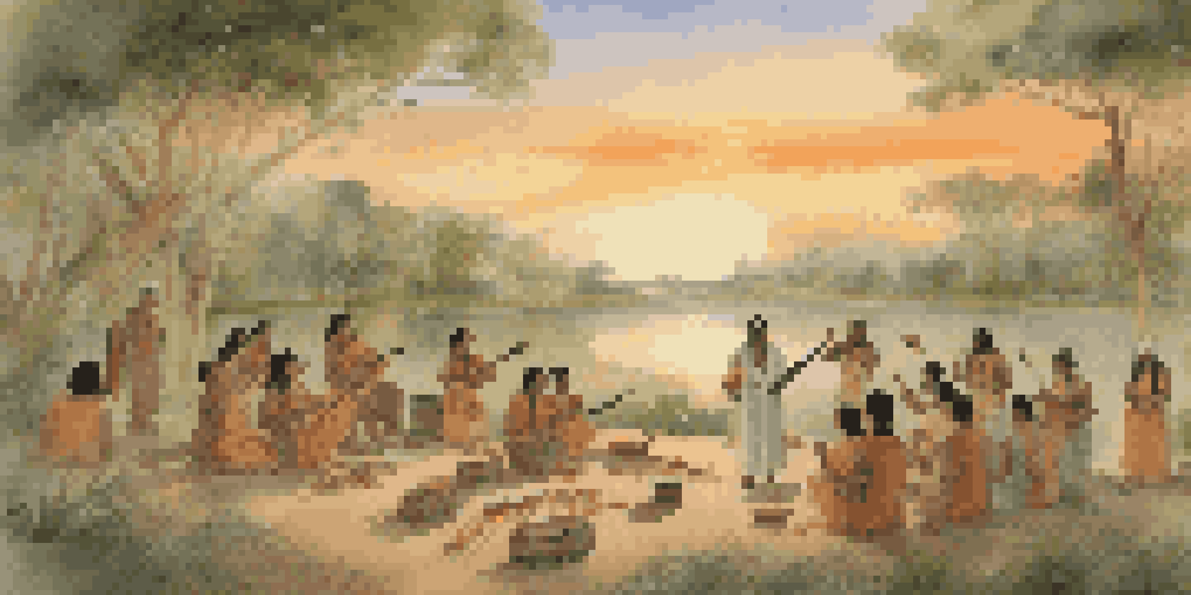An ancient civilization engaged in a musical ritual during sunset, with people playing natural instruments amidst lush greenery.