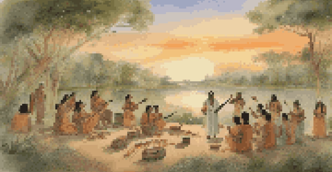 An ancient civilization engaged in a musical ritual during sunset, with people playing natural instruments amidst lush greenery.