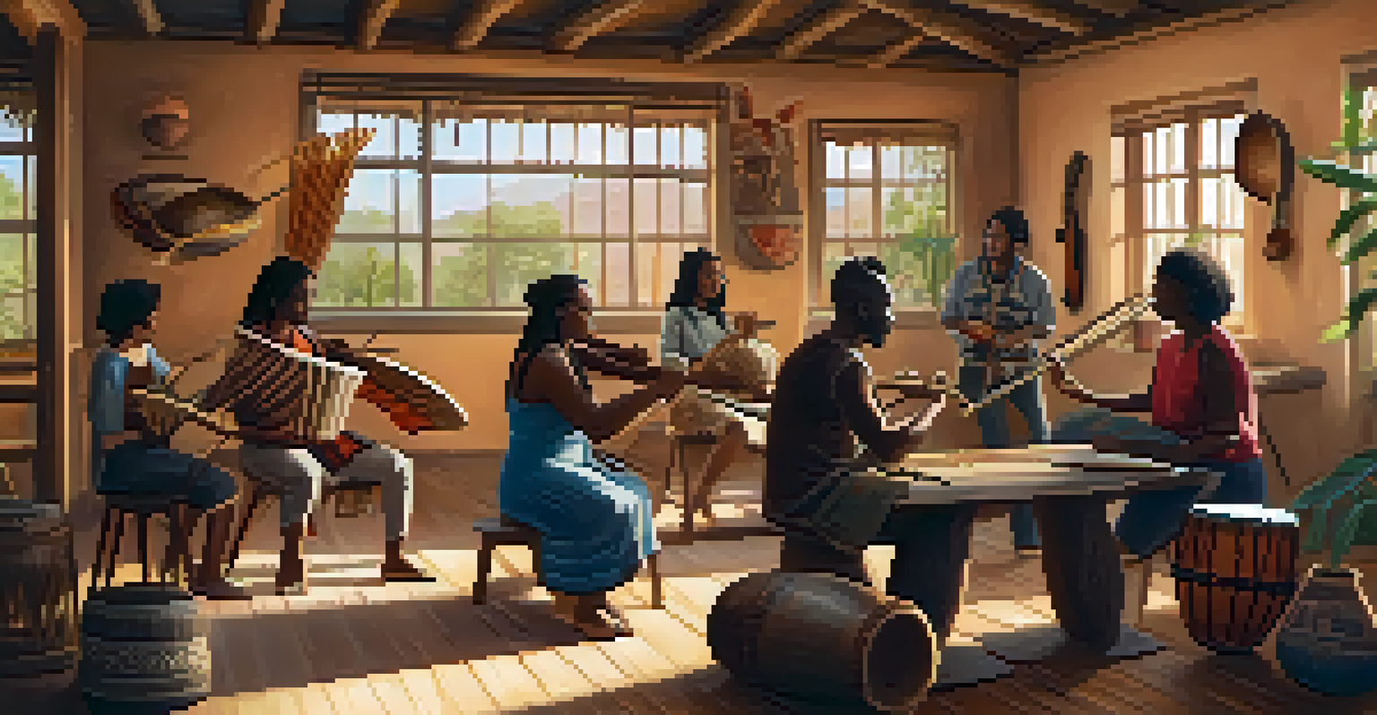 A workshop with people learning to play traditional instruments in a warm, inviting room filled with cultural artifacts.