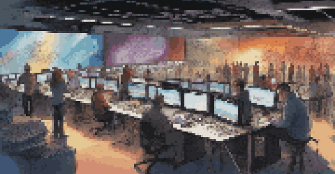 A film set showing sound designers and visual effects artists working together with equipment and screens, highlighting teamwork and creativity in filmmaking.