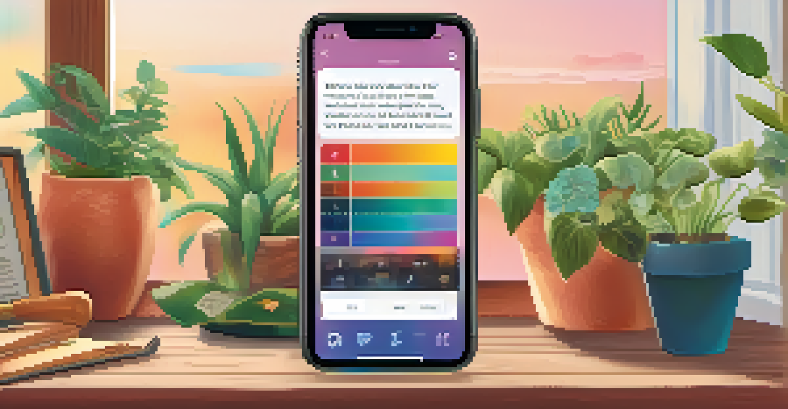 A smartphone displaying a colorful music therapy app interface on a wooden table with plants around it.