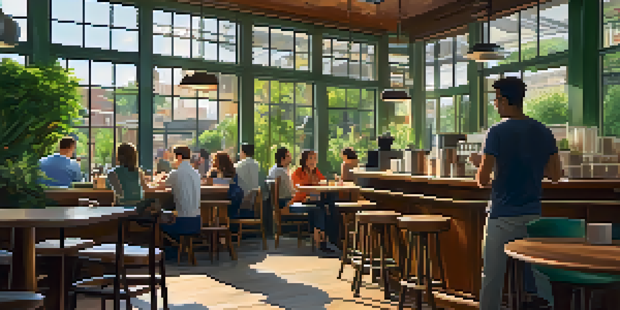A cozy coffee shop interior with wooden furniture and natural light, featuring a barista preparing coffee and patrons enjoying their drinks.