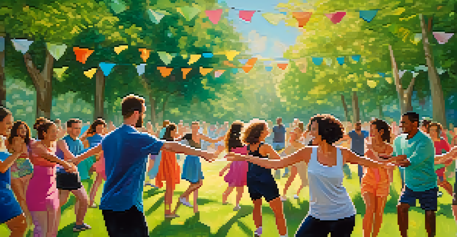 A group of people dancing joyfully in a lush green park, wearing colorful clothing and enjoying the sunlight.
