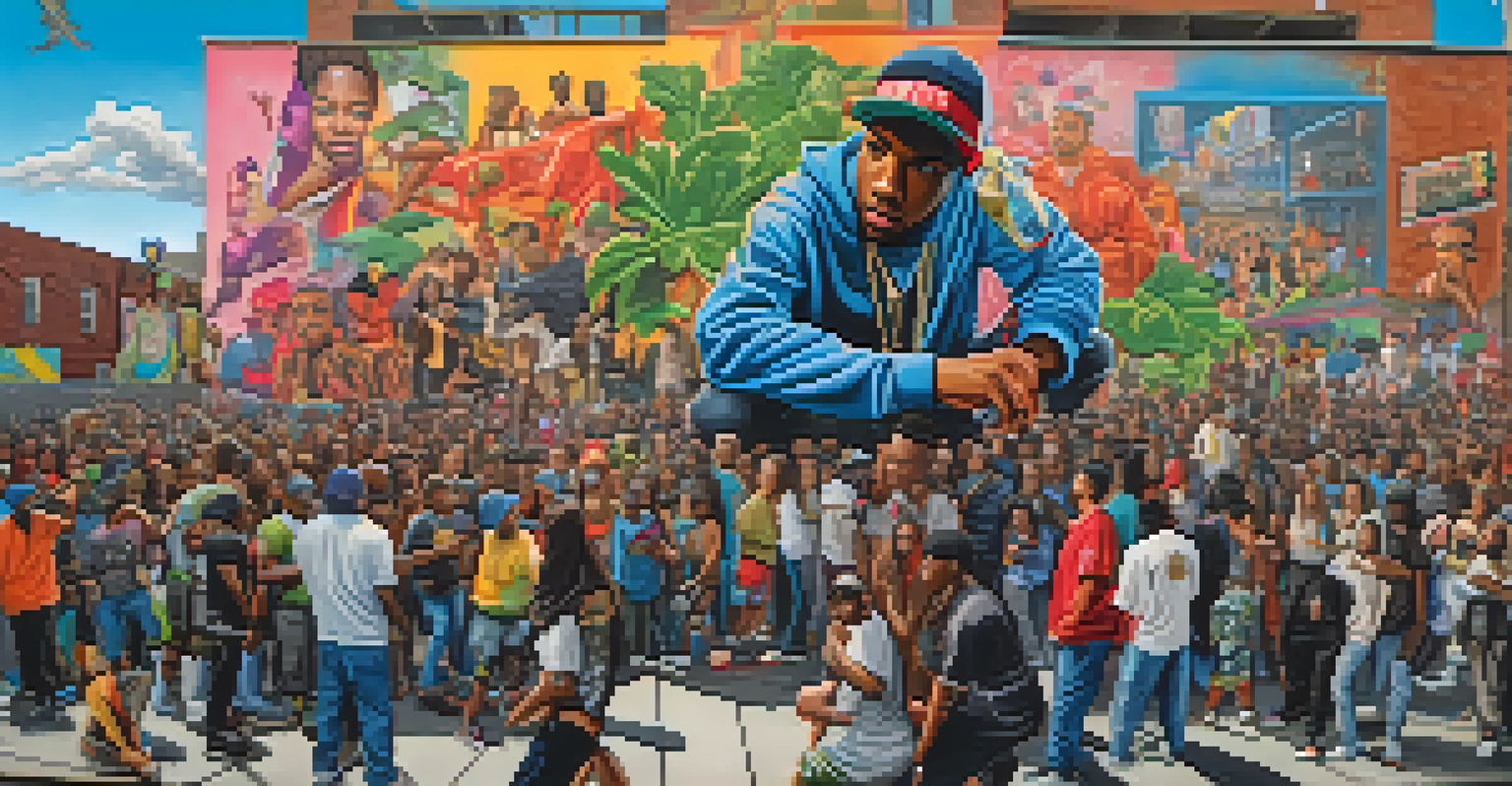 An urban street with a rapper performing against a graffiti wall, surrounded by listeners and colorful murals.