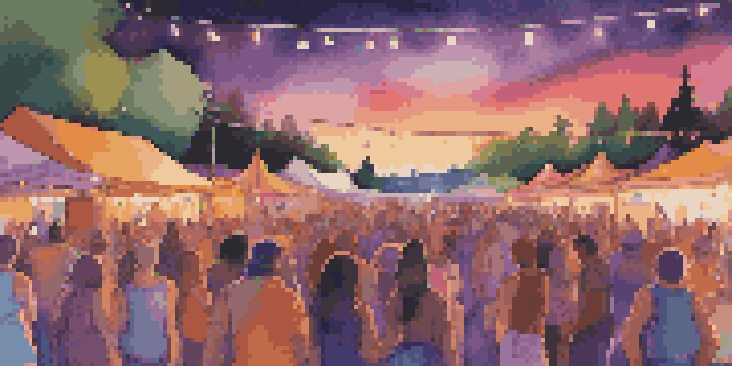 A lively outdoor music festival with a diverse crowd enjoying performances under colorful lights during twilight.