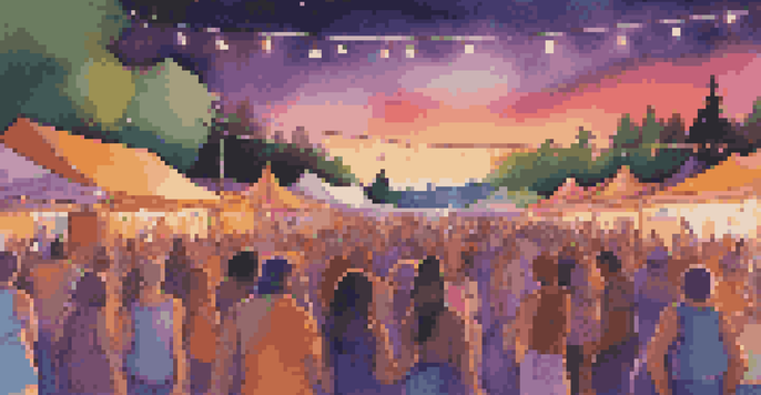 A lively outdoor music festival with a diverse crowd enjoying performances under colorful lights during twilight.