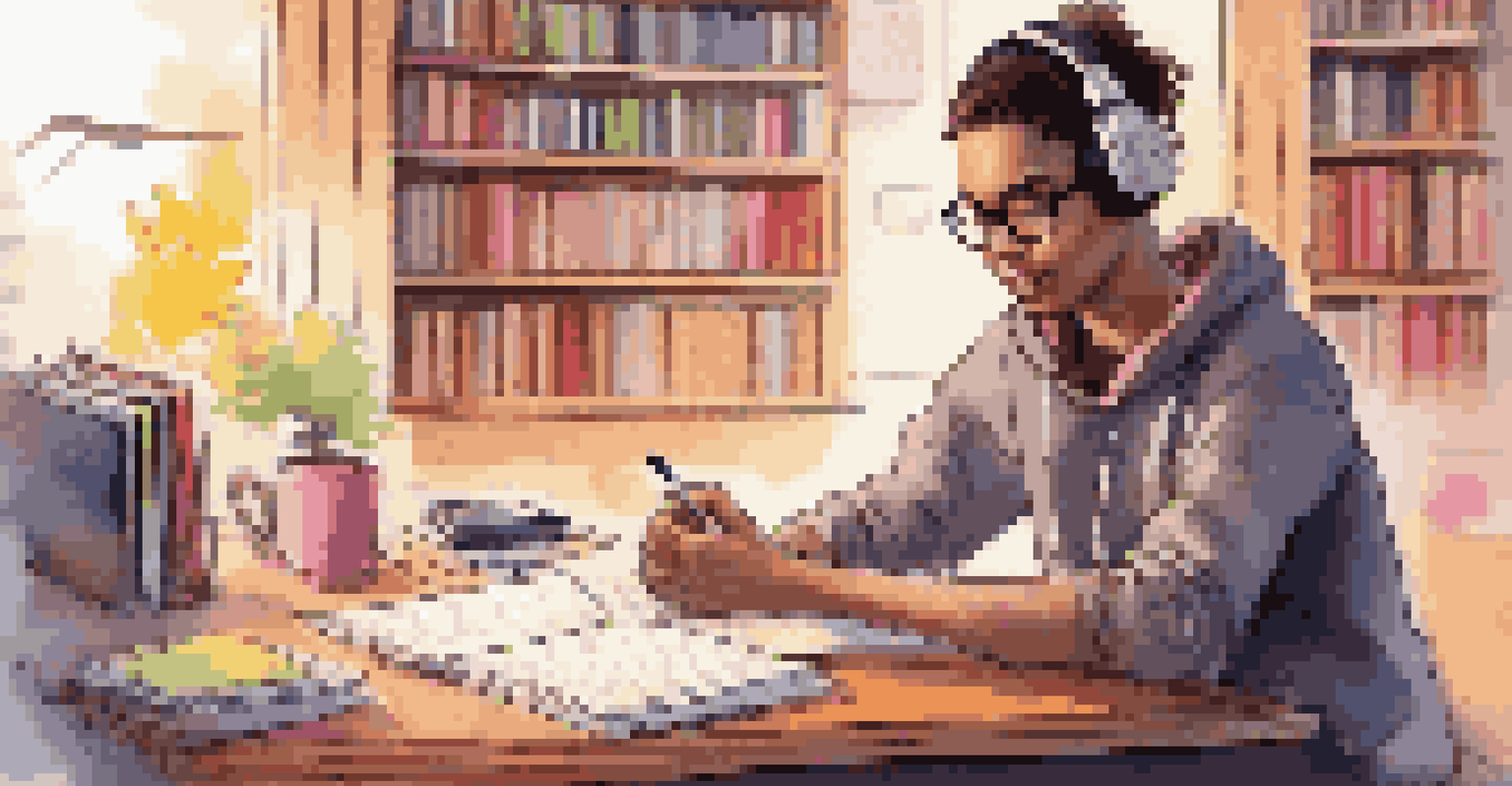 A student writing notes with a smartphone and tea on a desk, surrounded by sticky notes.