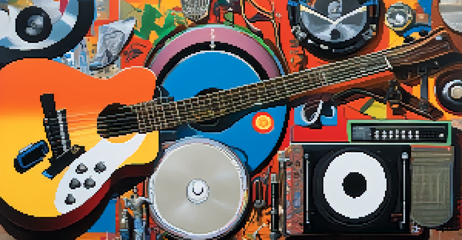 A vibrant collage of music genre symbols and instruments, with a heart formed by music notes symbolizing the emotional connection to music among youth.