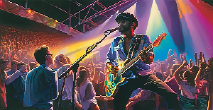 A musician in smart gloves playing an electric guitar, surrounded by an excited audience and vibrant stage lights.