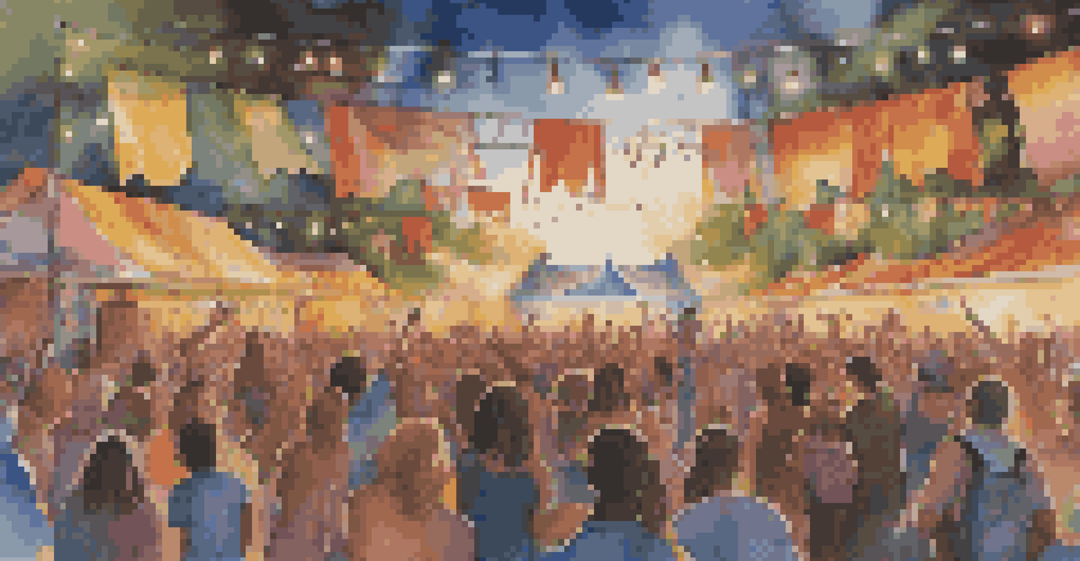 A vibrant music festival with artists painting live murals amidst a lively crowd enjoying performances.