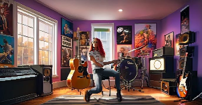 A young woman with colorful hair playing an electric guitar in a modern home studio filled with instruments and sound equipment.